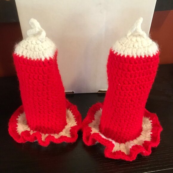 Crochet Candle Covers Red & White Christmas Handmade Home Decor 7 1/2 Inches Vtg - Picture 2 of 5